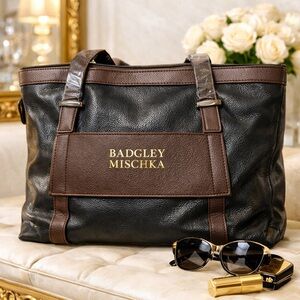 Badgley Mischka Anna XL Vegan Leather Two-Tone Tote — Black & Espresso